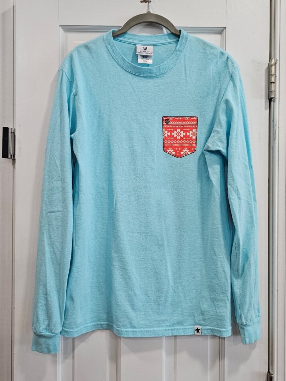 Simply Southern Let It Snow Shirt Womens Small Light Blue Snowman Elbow Patch S